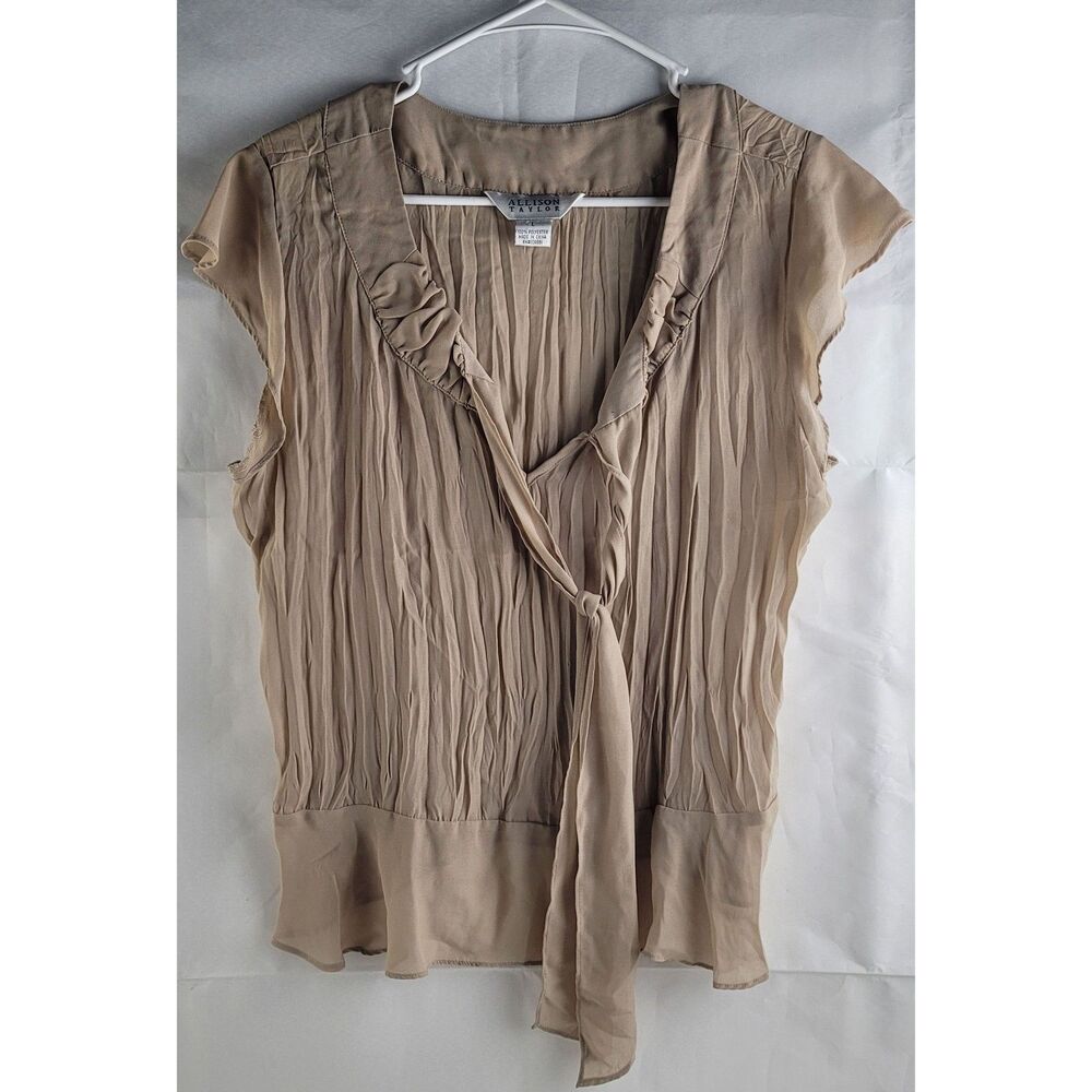 Allison Taylor tan pleated sleeveless blouse tie-front  Sz L